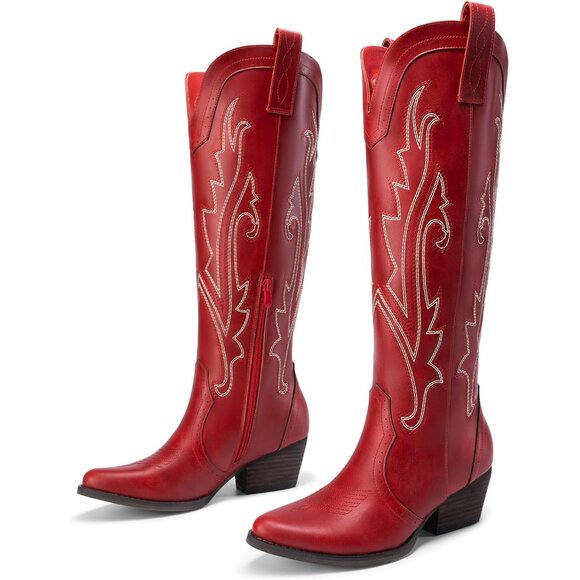 DREAM PAIRS Womens Red Cowboy Boots Wide Calf Knee High Ladies - Picture 8 of 9